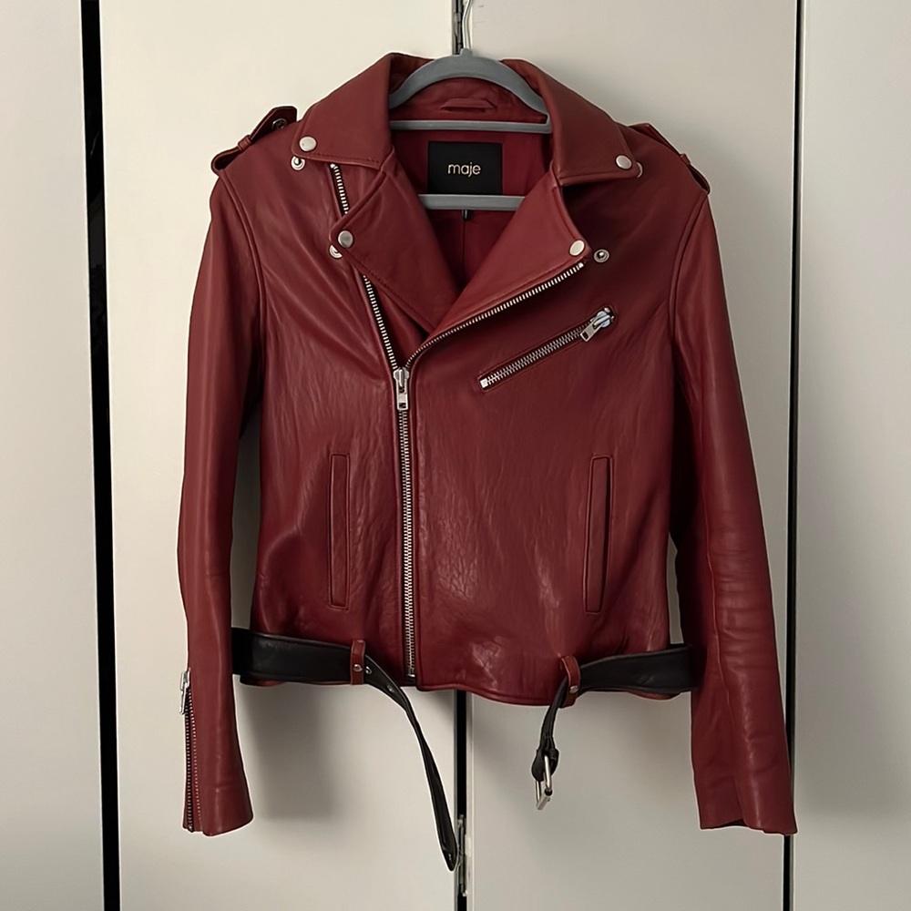 MAJE Red Lamb Leather Biker Jacket FR 40